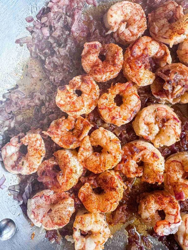 overhead view of Cooking Smoky Shrimp Pasta with Angel Hair and Sweet Onions