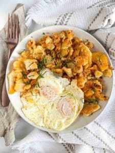 NYC Diner-Style Home Fries (No Onions) with eggs over medium overhead