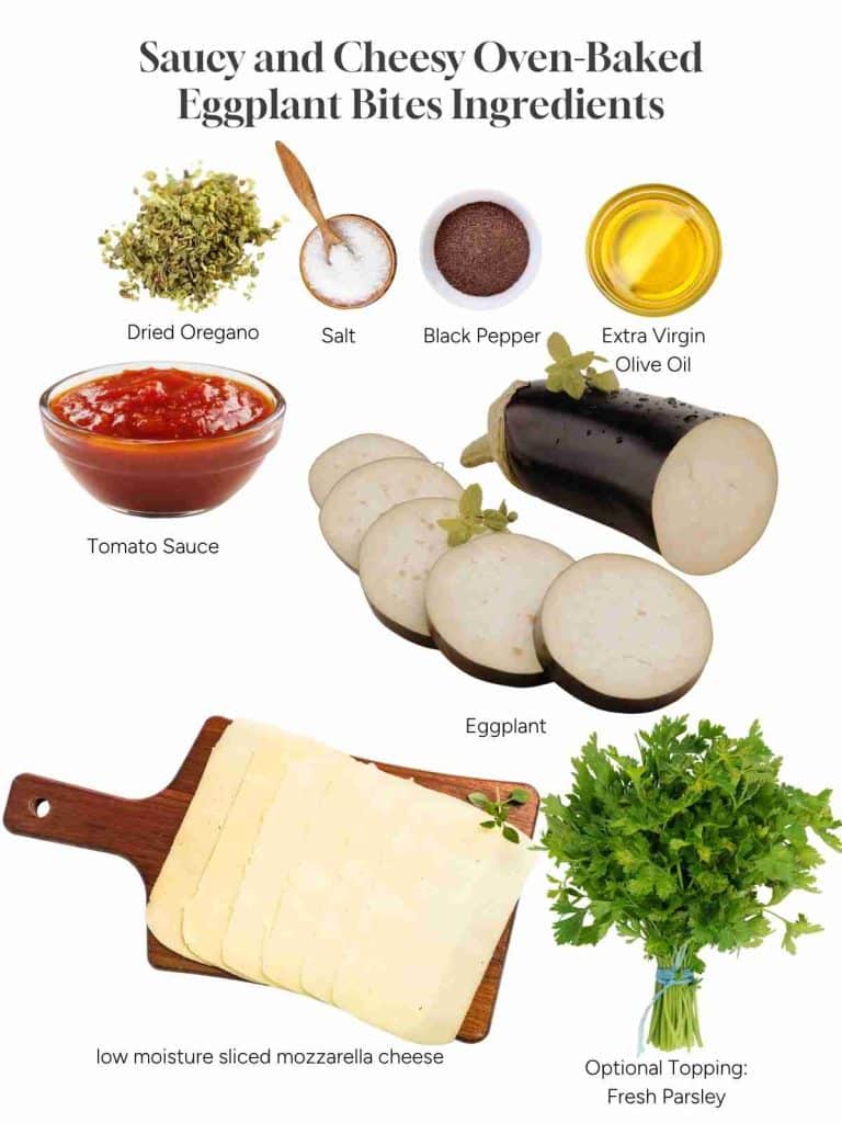 View of Saucy and Cheesy Oven-Baked Eggplant Bites Ingredients