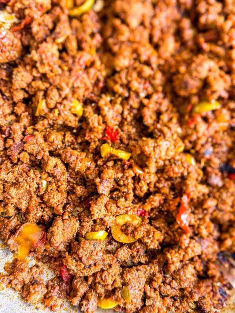 overhead view of Cuban Beef Picadillo in a saucepan