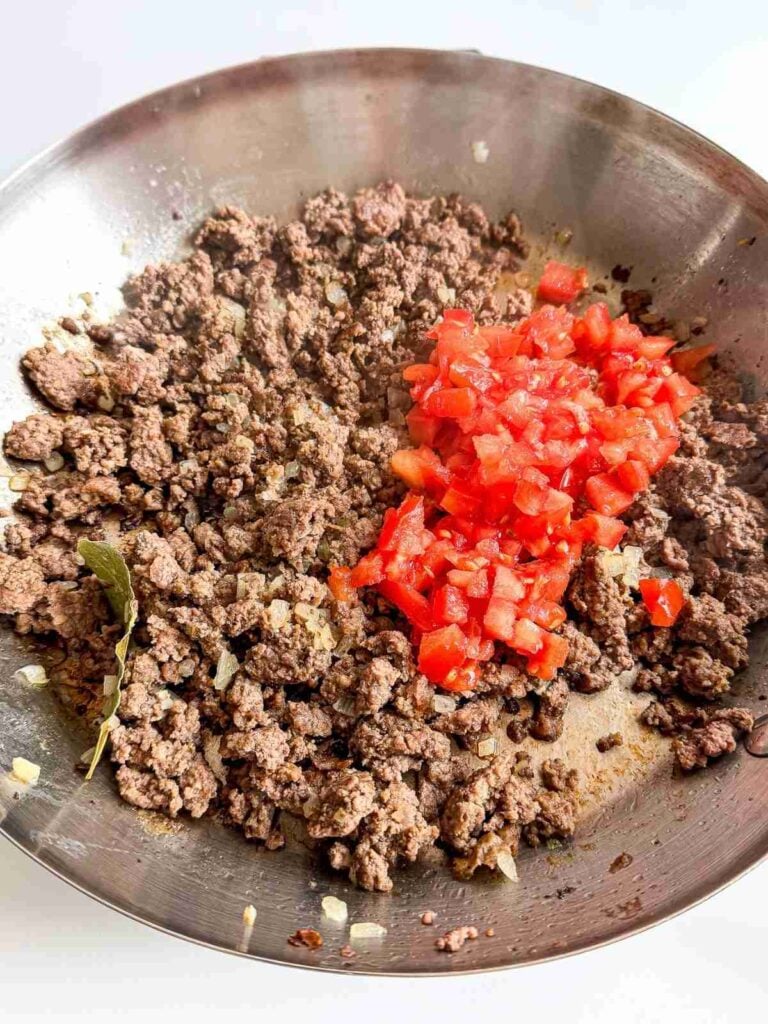 overhead view of Cuban Beef Picadillo in a saucepan
