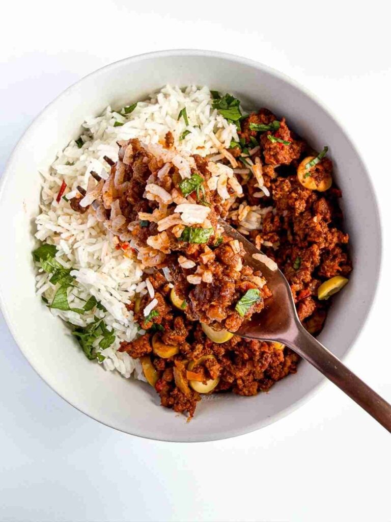 overehad view of Cuban Beef Picadillo rice bowl