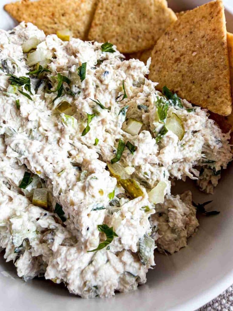 side view of high protein dill pickle chicken salad with zero mayo