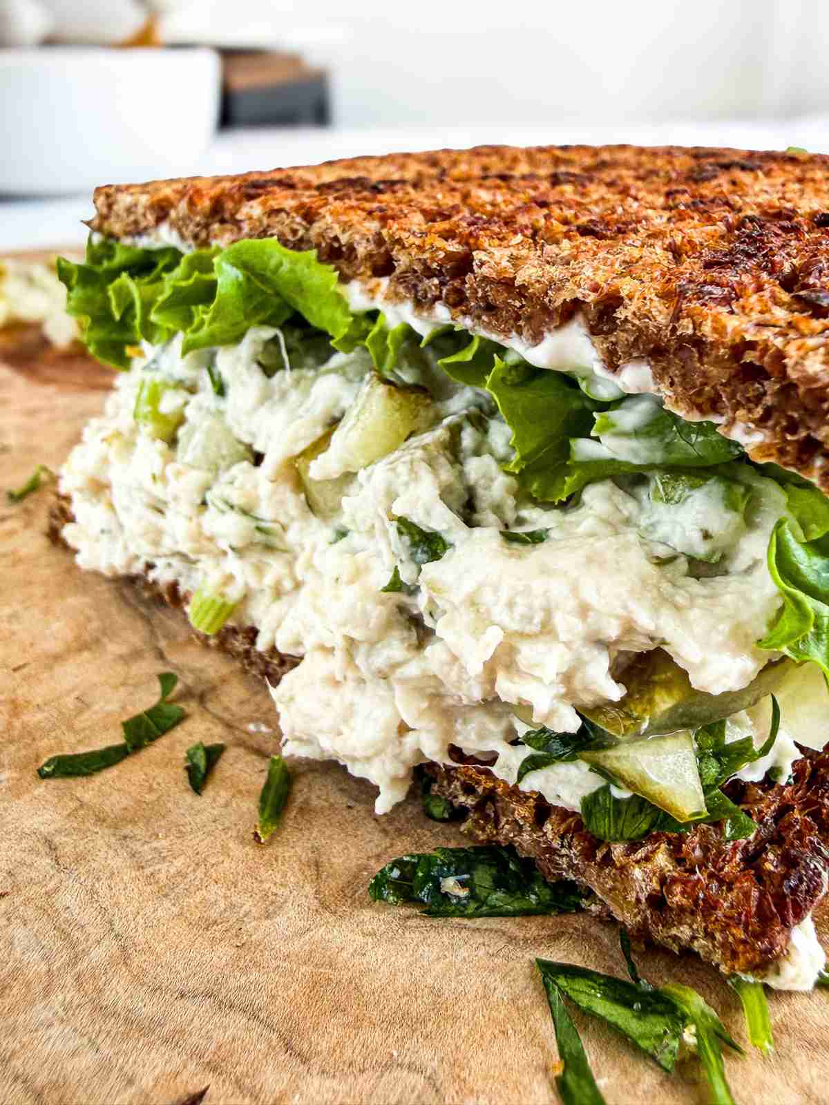 side view of dill pickle chicken salad sandwich