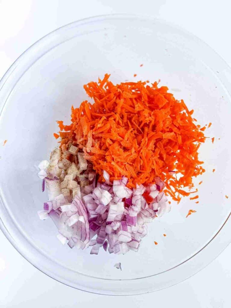 overhead view Ingredients for Best Tuna Salad Recipe in a bowl