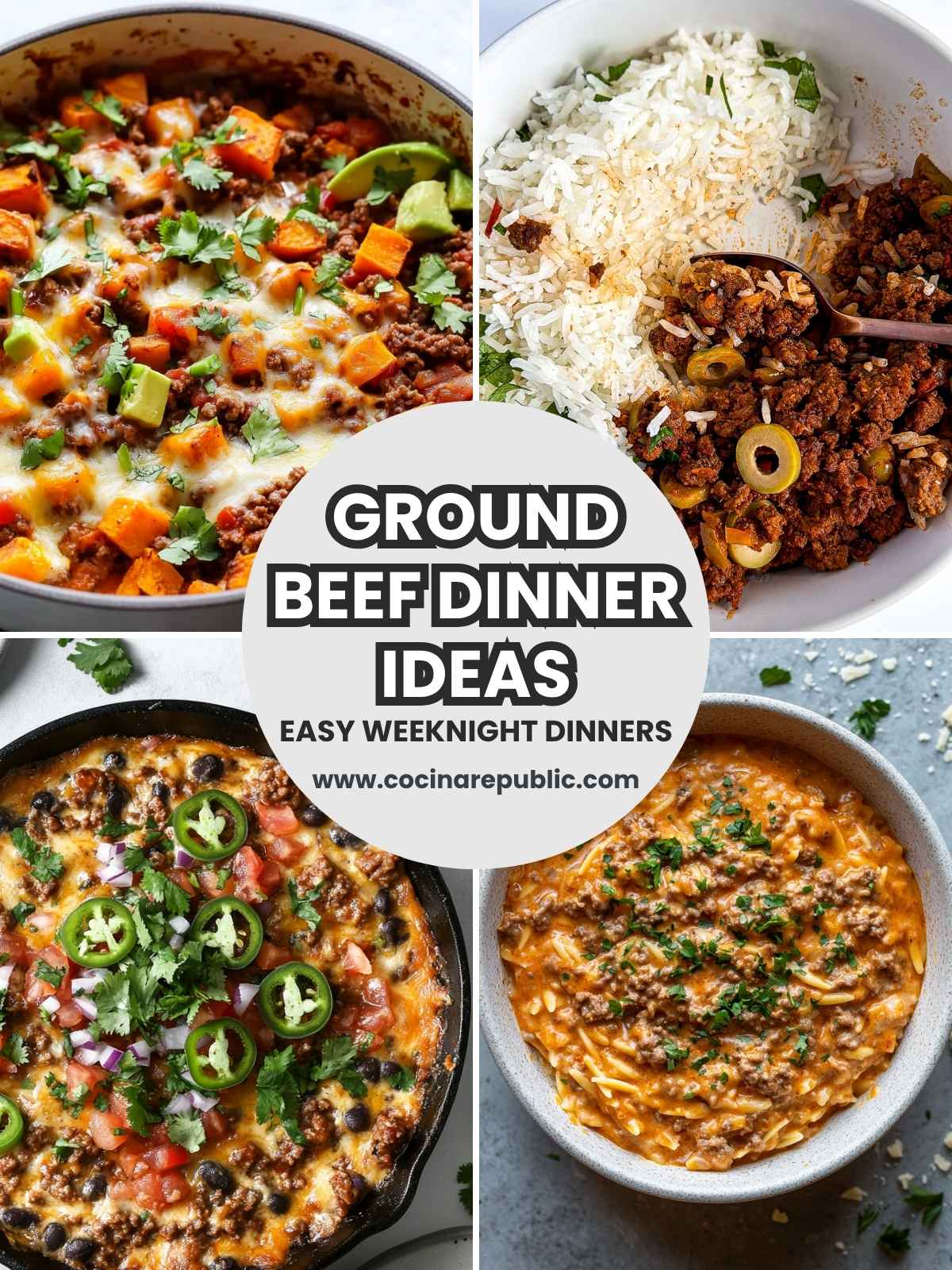 overhead view of GROUND BEEF DINNER IDEAS collages in bowls and plates
