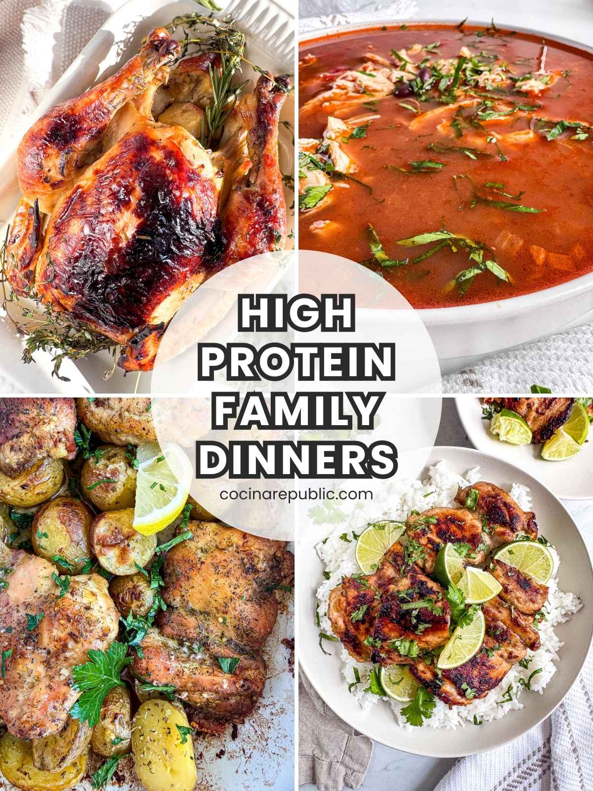 High protein family dinners including baked chicken thighs, picadillo over rice and black beans