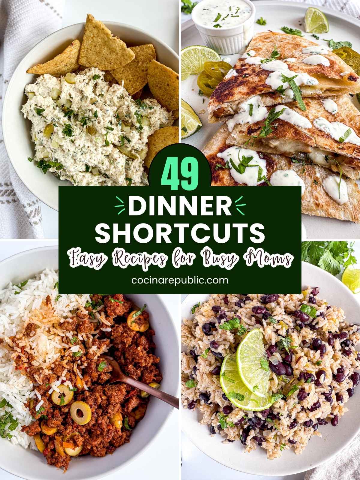 Dinner shortcuts for busy moms including rotisserie chicken tacos, loaded beef nachos and one skillet dinners