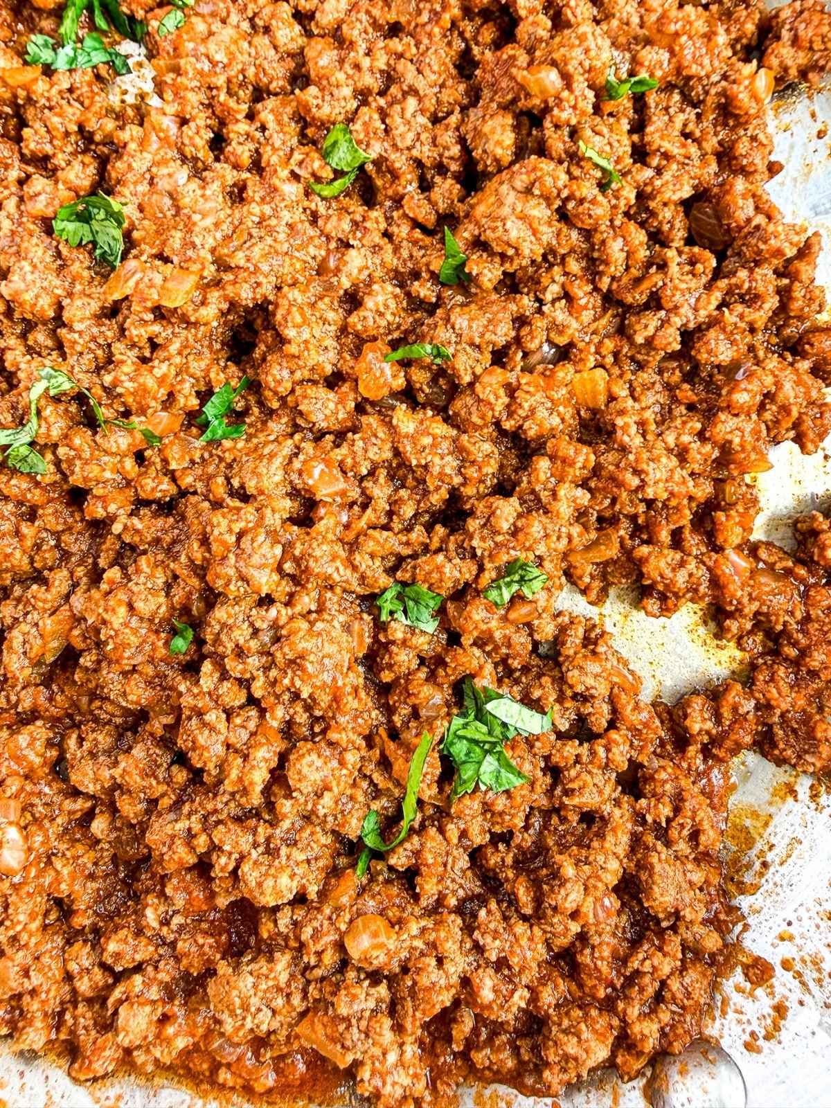 overhead view of seasoned ground beef in a pan