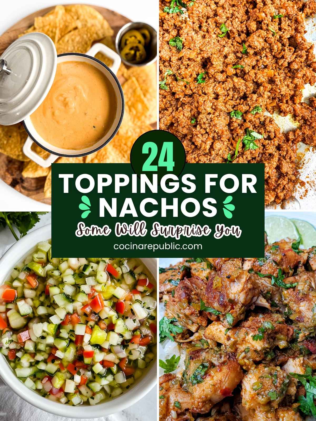 Toppings for nachos including nacho cheese, seasoned ground beef, black beans and pickled jalapenos