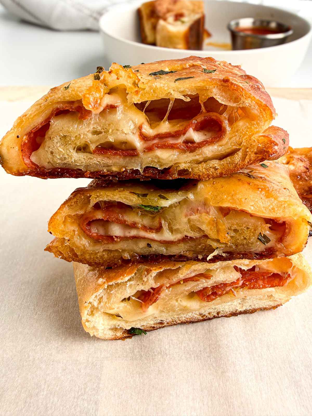 stacked cheezy pepperoni stromboli